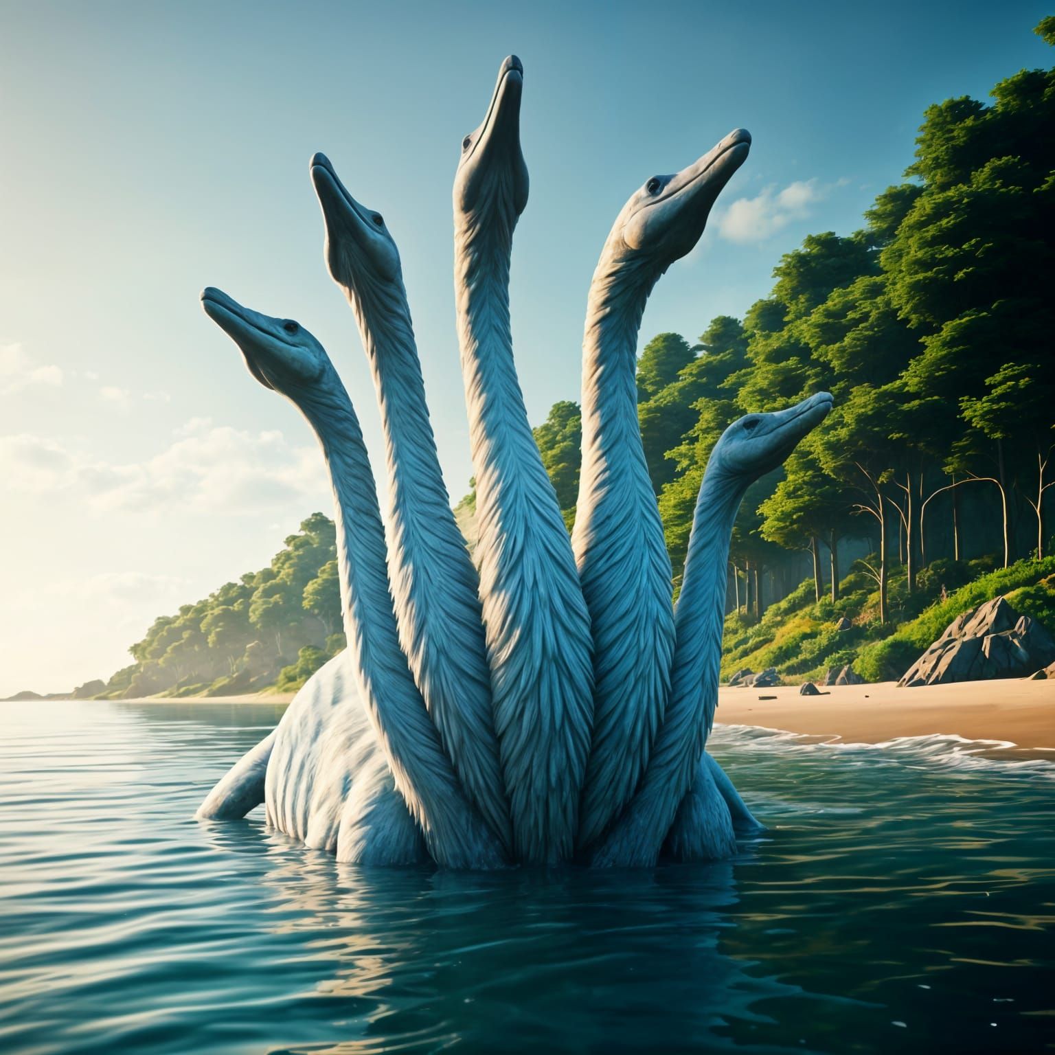 Fierce Plesiosaur Pack Roams a Sunset Beach