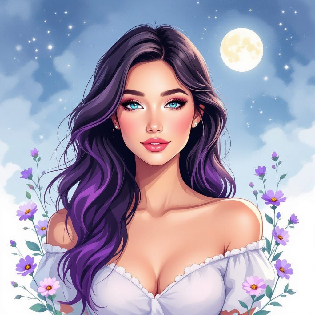 Pretty Woman with Purple Highlights in Misty Moonlight