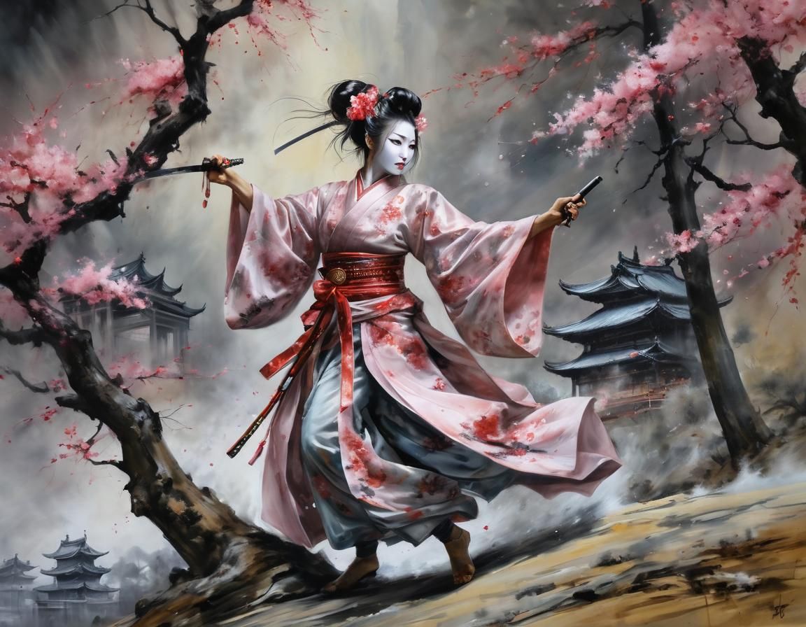 Ninja Geisha Sword Dance in Alcohol Ink Style