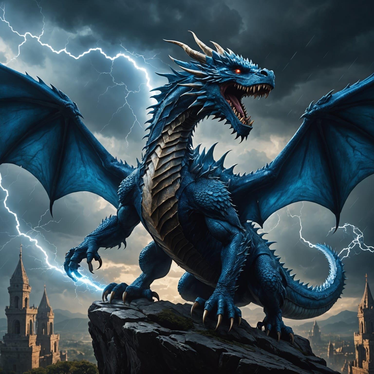 Majestic Blue Dragon Spitting Lightning Bolt