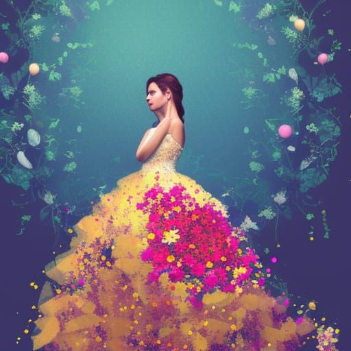 Floral Ballgown: Hyperrealistic Woman in a Flower Dress