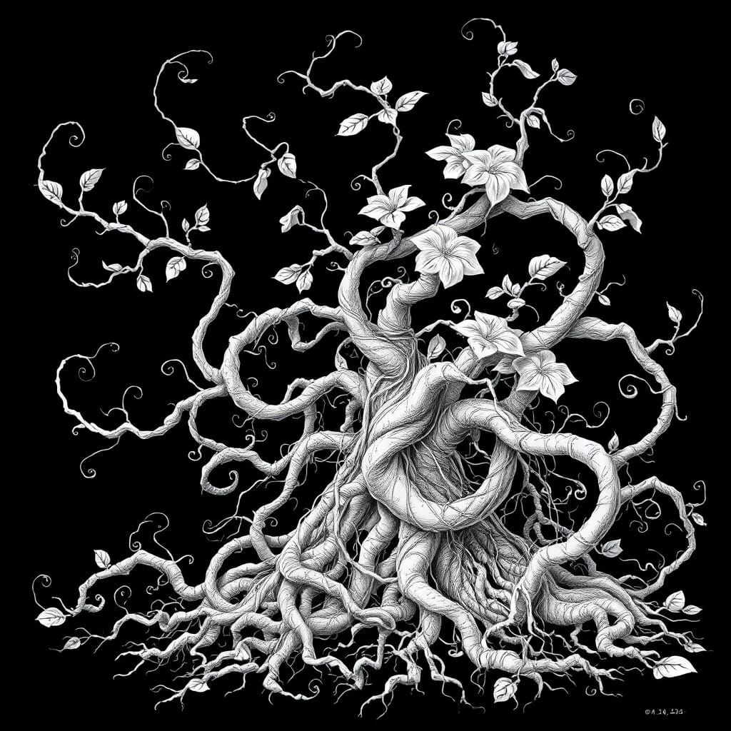 Twisted Raicilla Plant in Hypnotic, High-Contrast Style