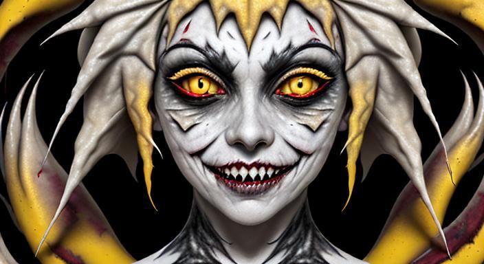 a creepy smile close up, white powdery skin, dark dry crusty red lips with yellow pointy teeth, acrylic and ink mixed me...