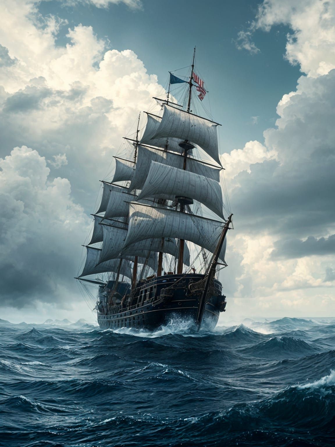 Ancient Galleon Sailing Through Misty Waves