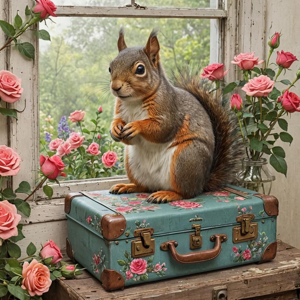 Squirrel in Train Car, Vivid Collage Chalk Art