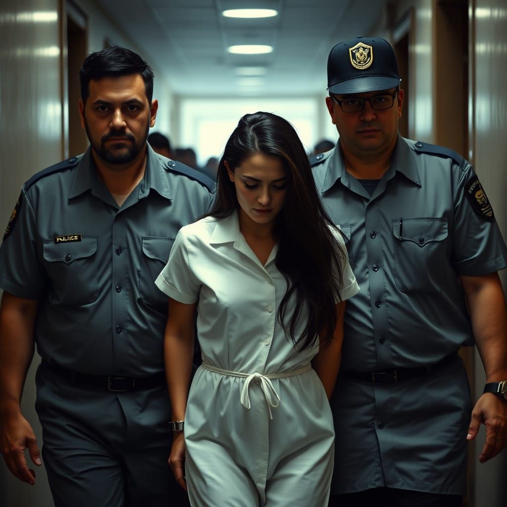 Defeated Woman in Modern Housemaid Scrub, Escorted by Imposi...