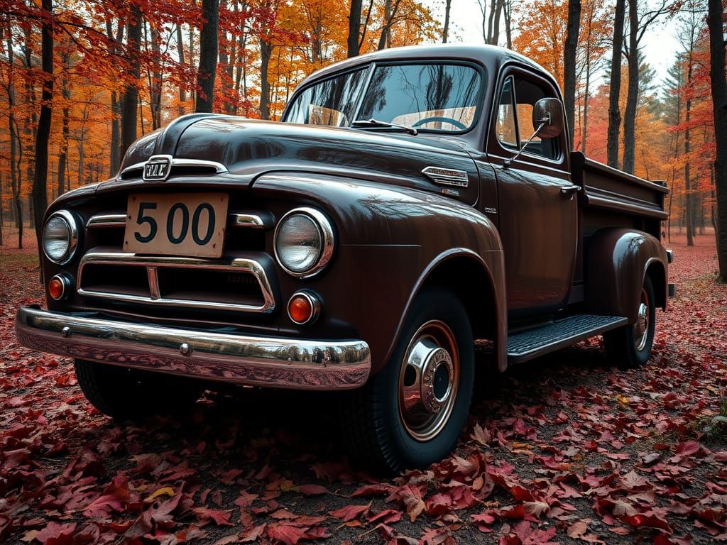 Vintage Truck Portrait in Autumn Forest, Pop Art Style