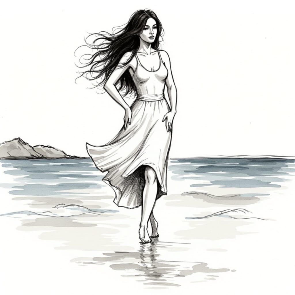 Woman on Beach Ink Sketch with Watercolor Motion