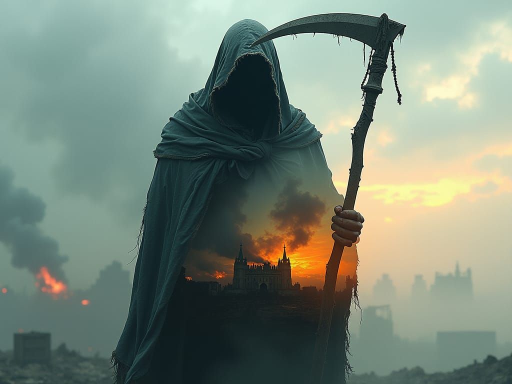 Grim Reaper in Stormy Landscape, Double Exposure Effect