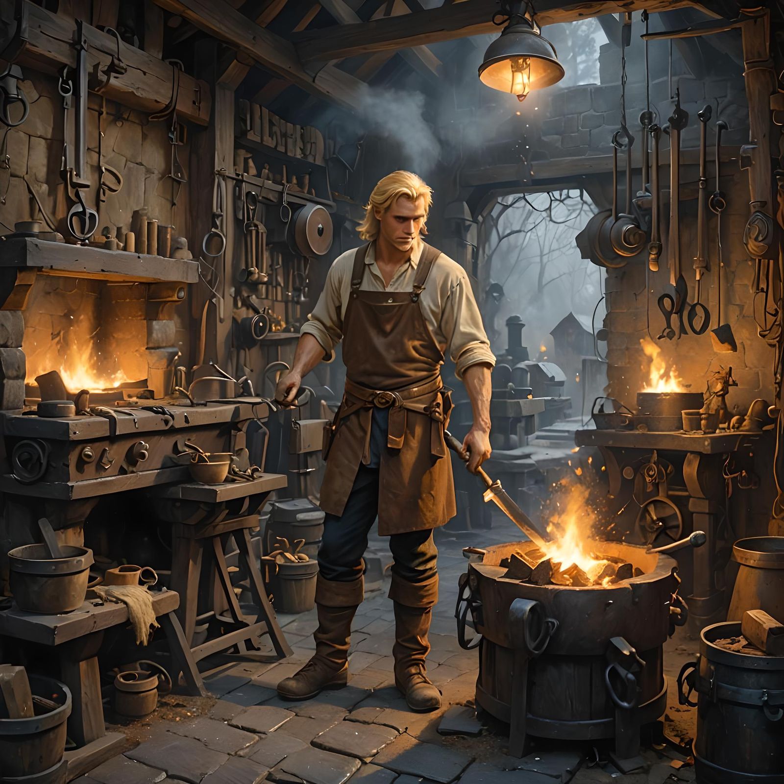 Nordic Blacksmith at Forge: Ethereal Fantasy Oil Painting