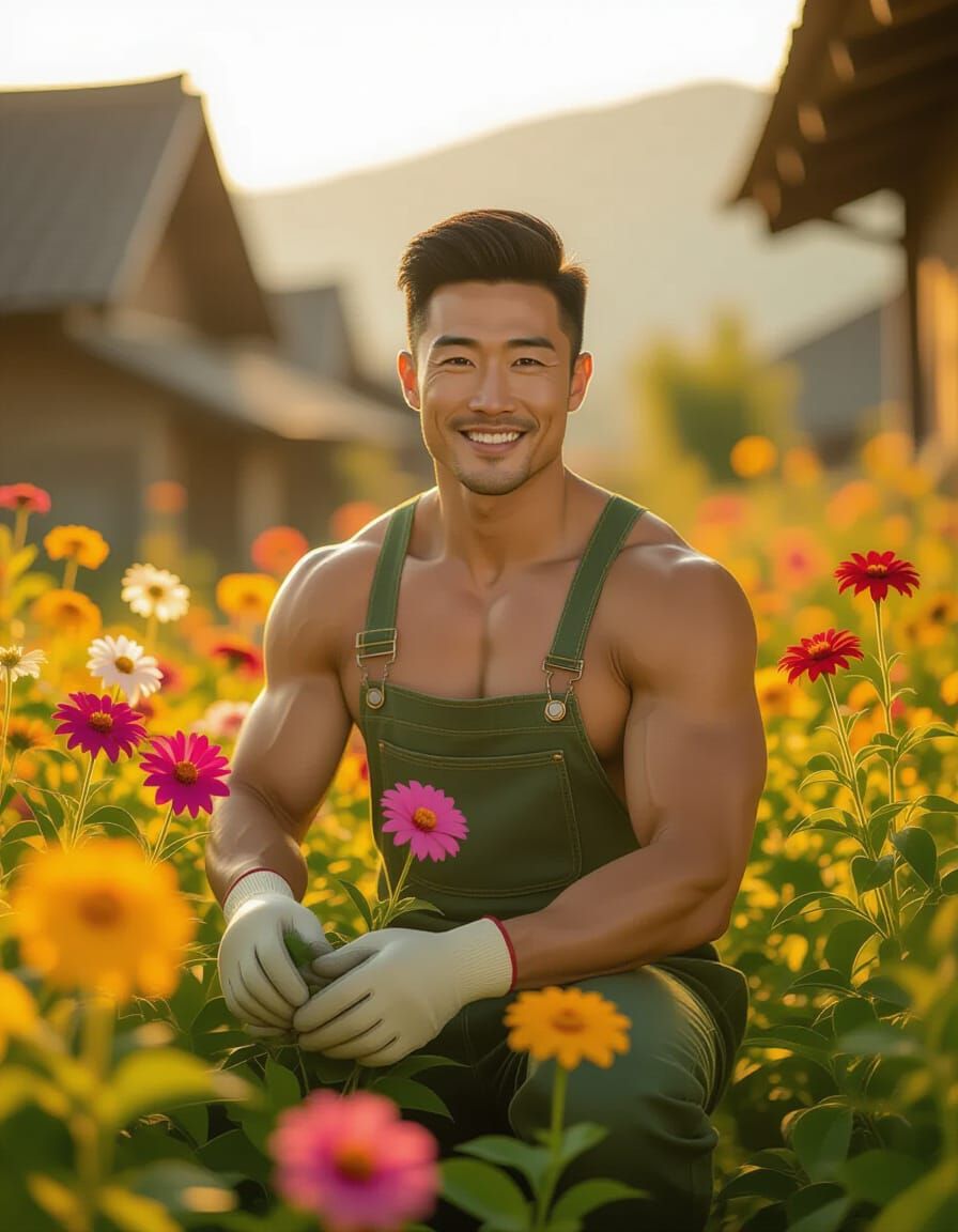 Muscular Man Tends Flowers in Golden Hour