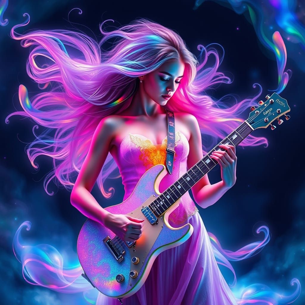 Majestic Guitarist Amidst Spectral Rainbow Nebulae Photo