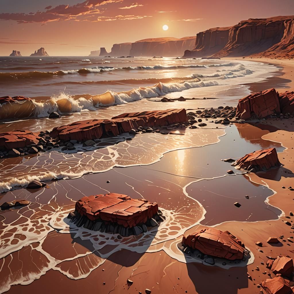 Martian Beach with Crimson Horizon in Photorealistic Style