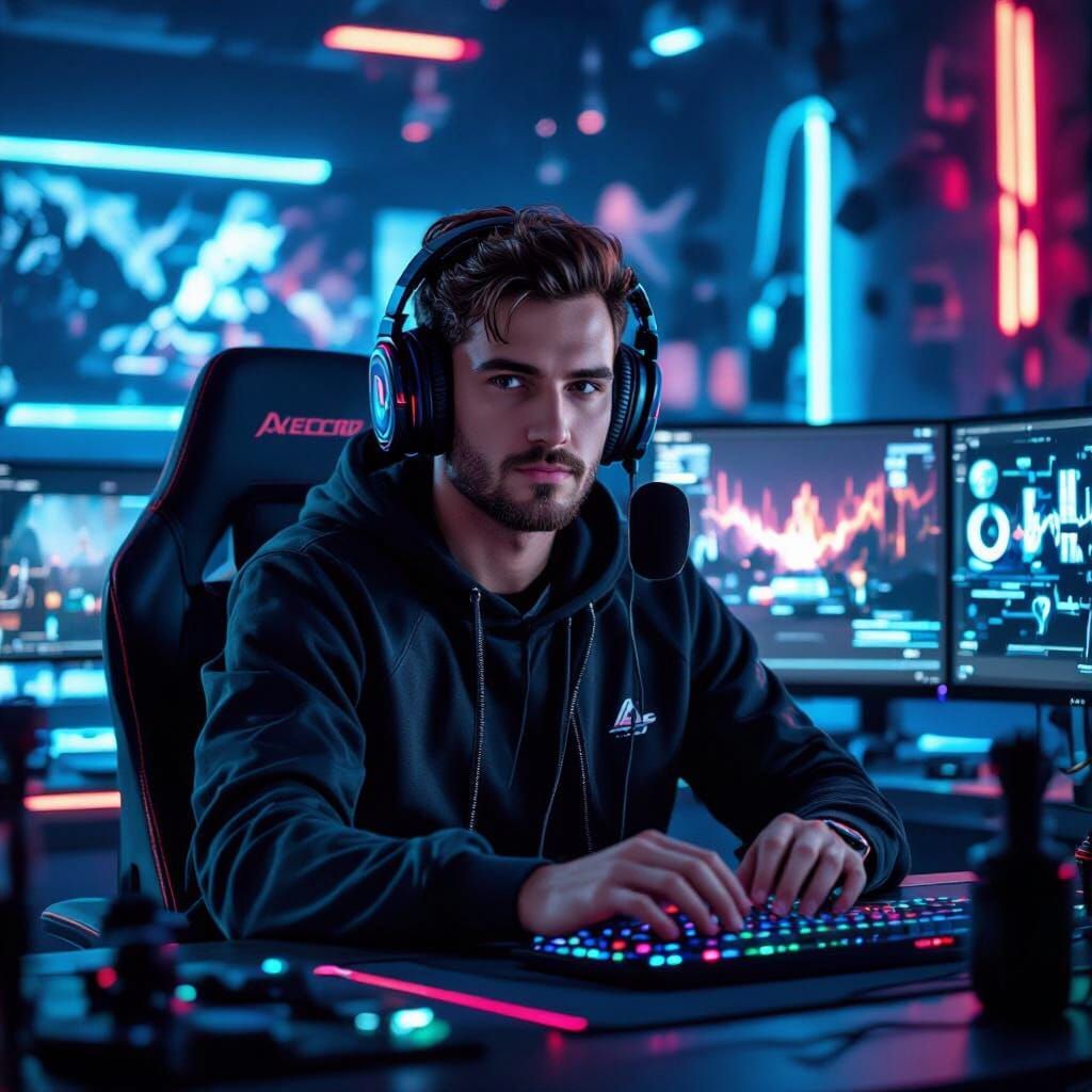 Futuristic Gaming Streamer in Neon-Lit Room