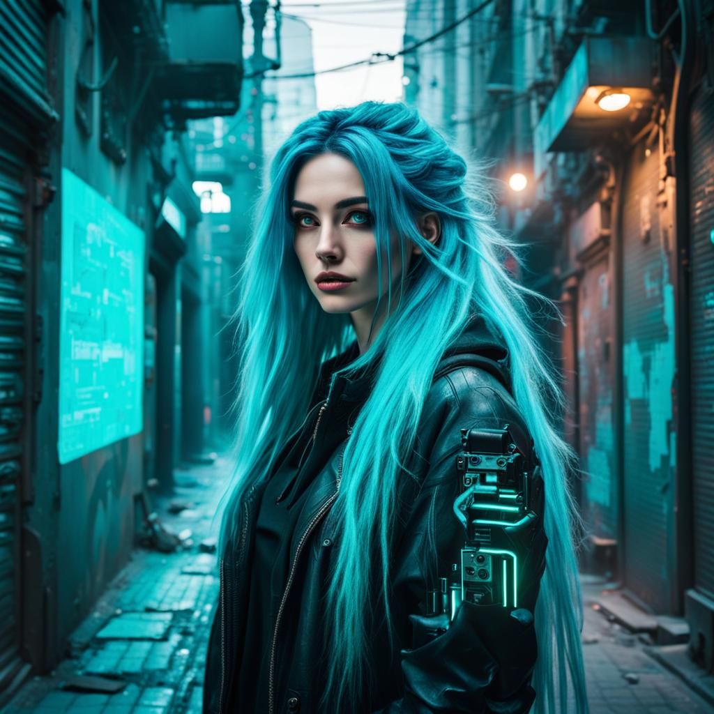 Enchanting Hacker Girl in Cyberpunk Alleyway