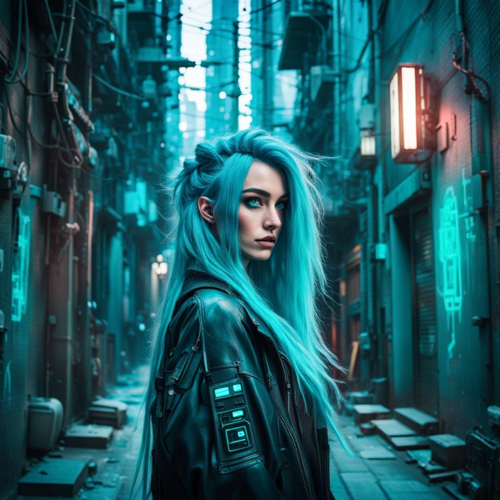 Enchanting Cyberpunk Hacker Girl in Neon Alleyway