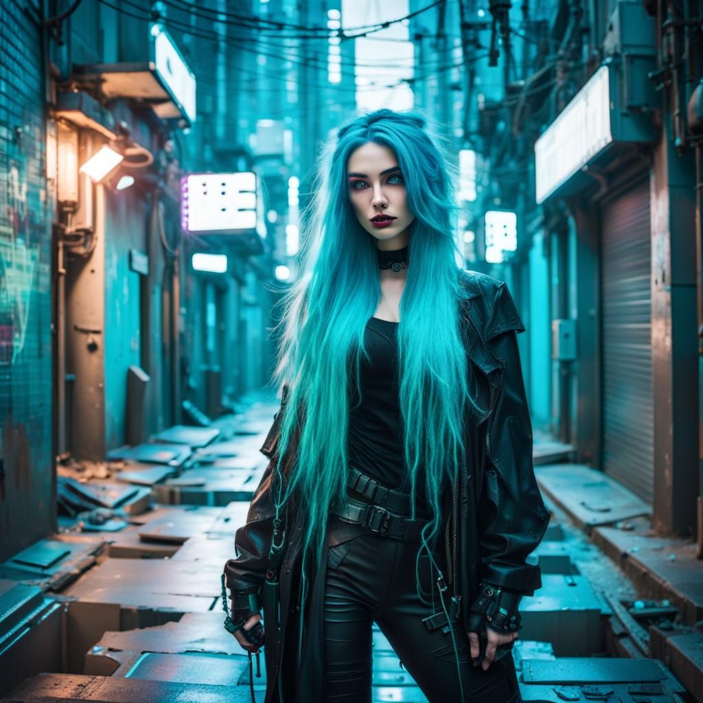 Cyberpunk Hacker Girl in Neon Alleyway
