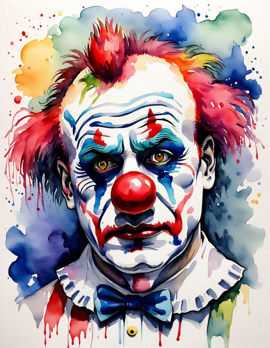 Sad Clown Portrait in Bleeding Watercolors