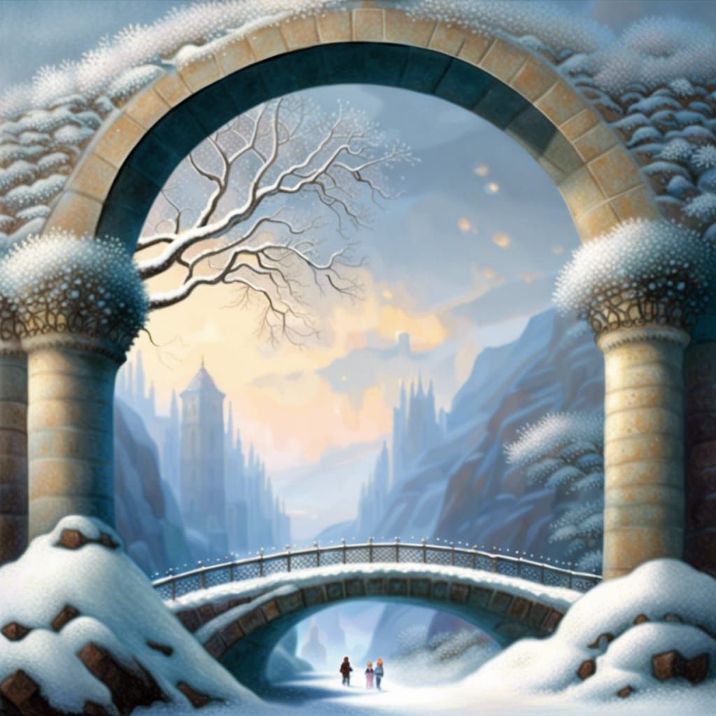 Snowy Aqueduct Scene in Ethereal Style