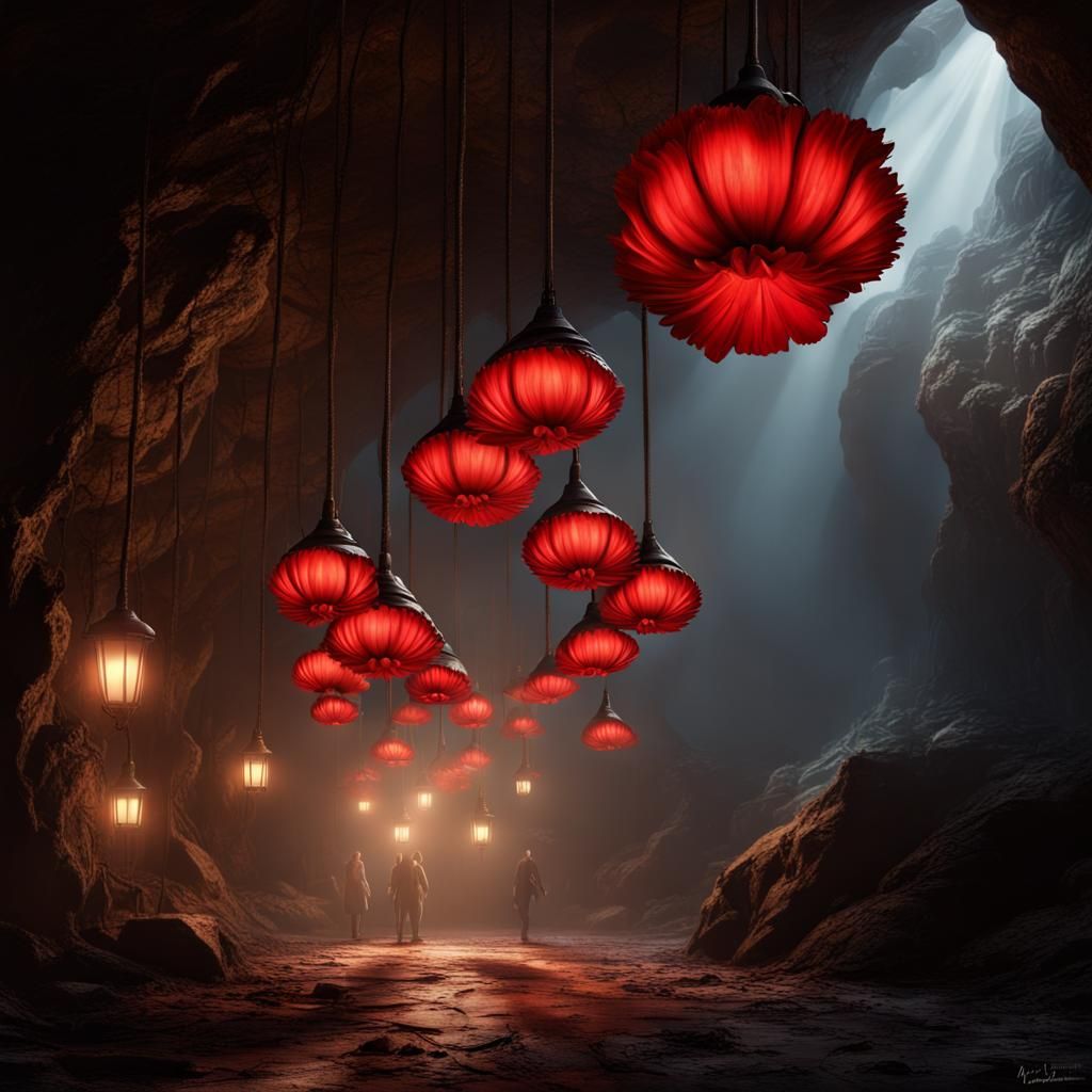 Dramatic Underground Cavern with Red Carnation