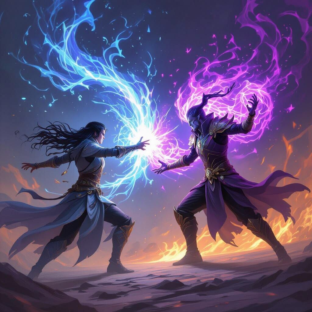 Light vs Shadow Magic Duel: Radiant Human Battles Arcane Foe