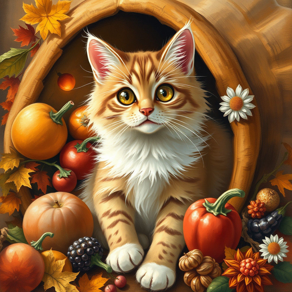 Cat in Cornucopia: Whimsical Thanksgiving Scene