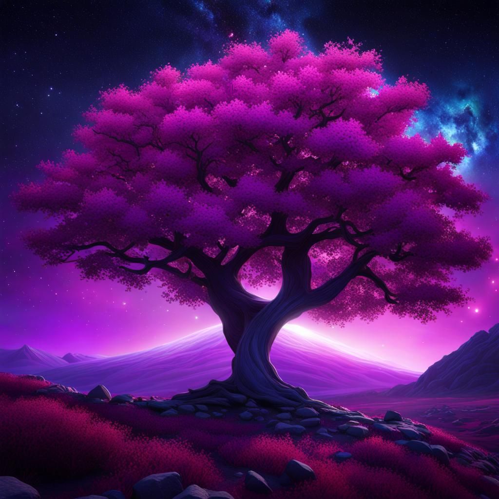 Vibrant Purple Tree Surrounded by Milky Aura