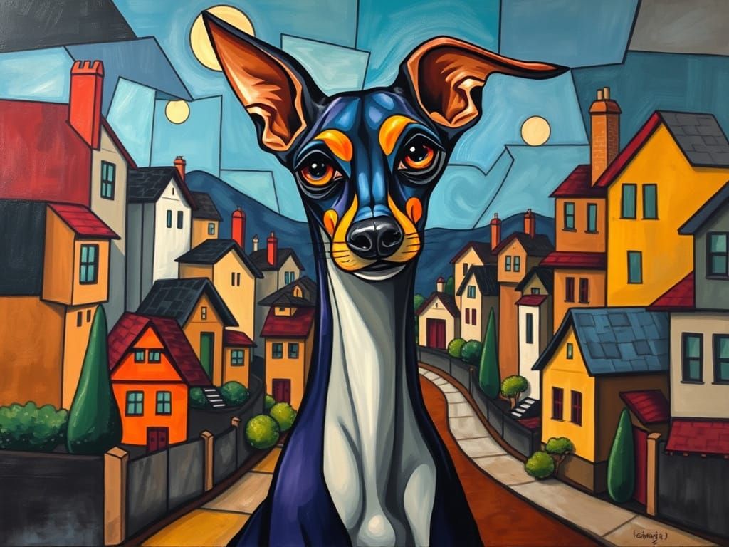 Elongated Dog in Vibrant Cubist Landscape