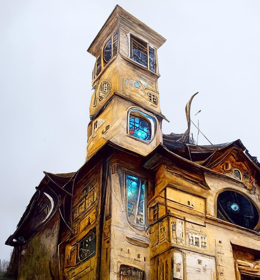 Clockpunk House Painting in the Style of Romanticism