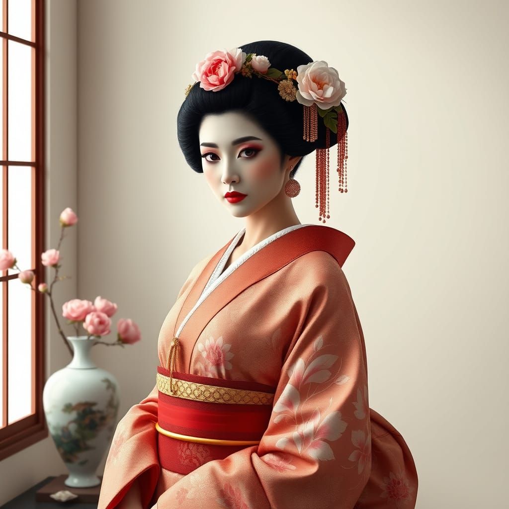 Elegant Geisha in Modern Kimono, Art Nouveau Style