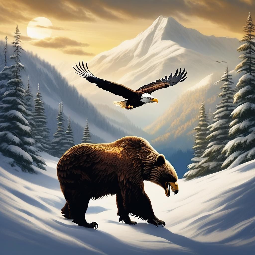 Eagles Fly to Snowy Mountain in Storybook Style