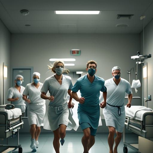 Frantic Escape: Woman in Hospital, Oil Painting Style