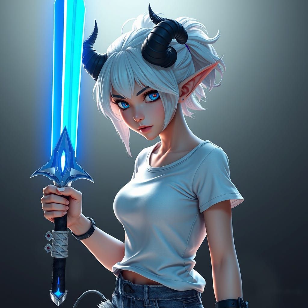 Ethereal Elf Maiden Wields Shimmering Blade in Neon-Futurist...