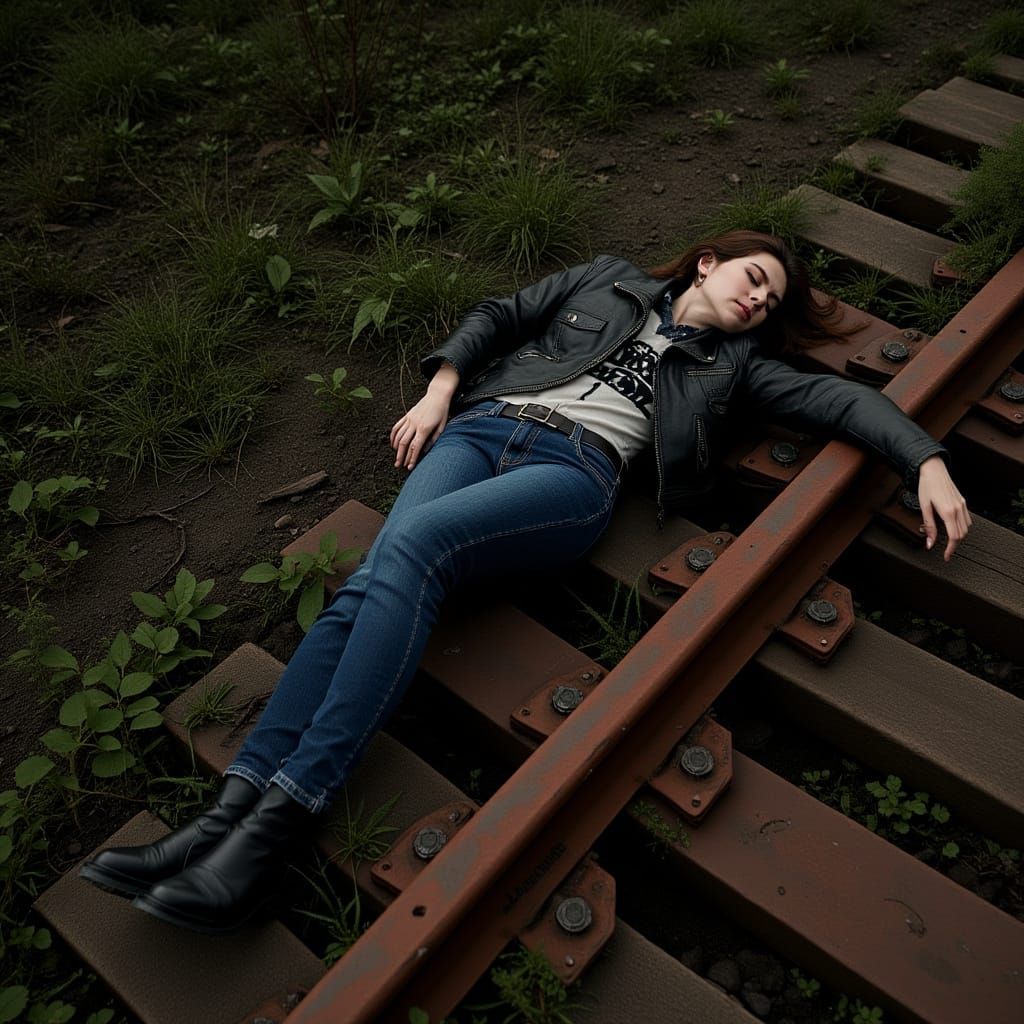 Woman Sleeping by Railroad Track in Gritty Surreal Style