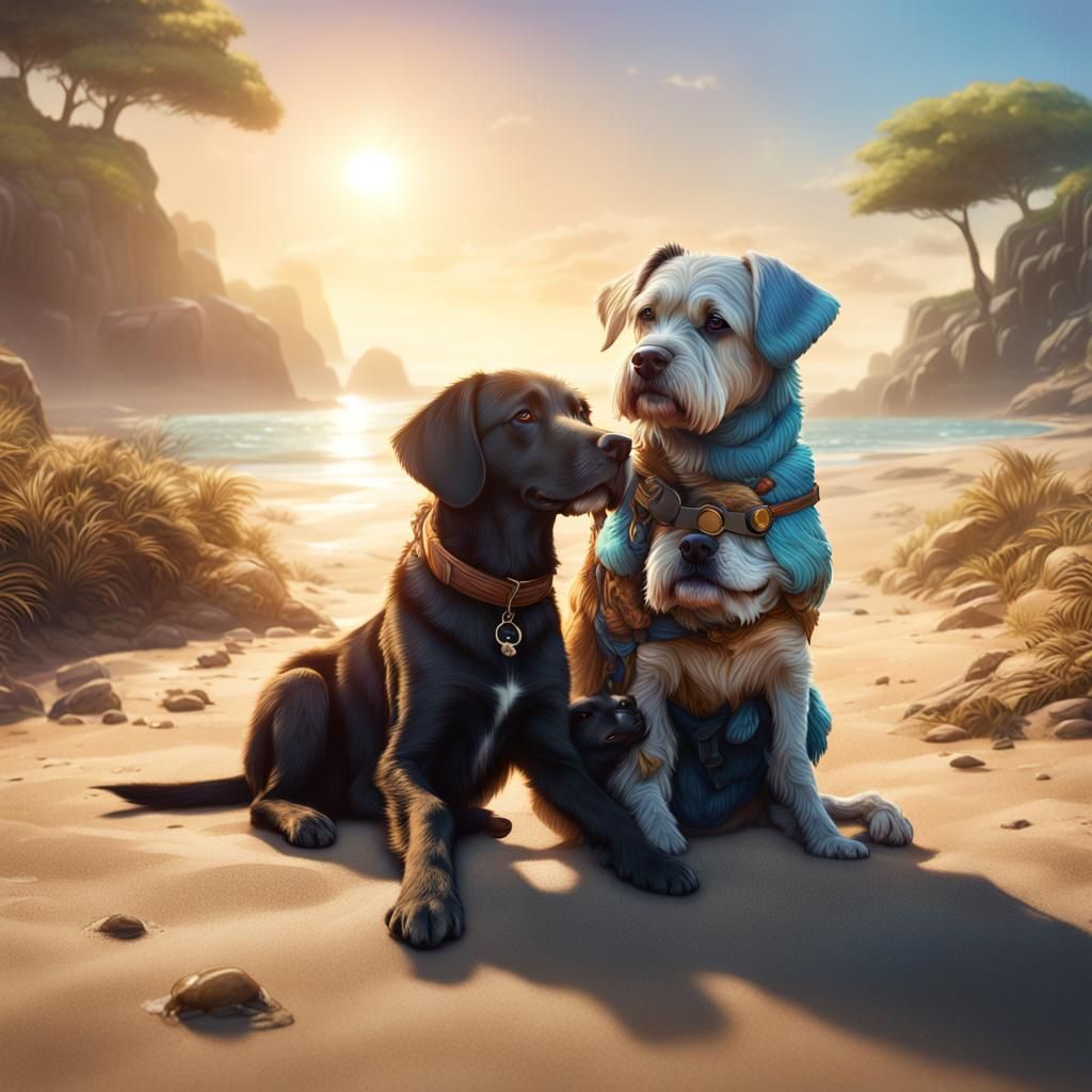 Two Cute Dogs Hugging on a Sunny Beach