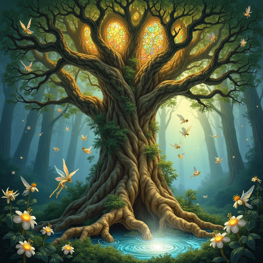 Whimsical Oak Tree in the Forest with Fairies and Stained Gl...