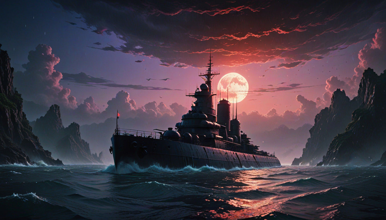 Dark Fantasy Submarine on a Stormy Ocean in a Vivid Red and....