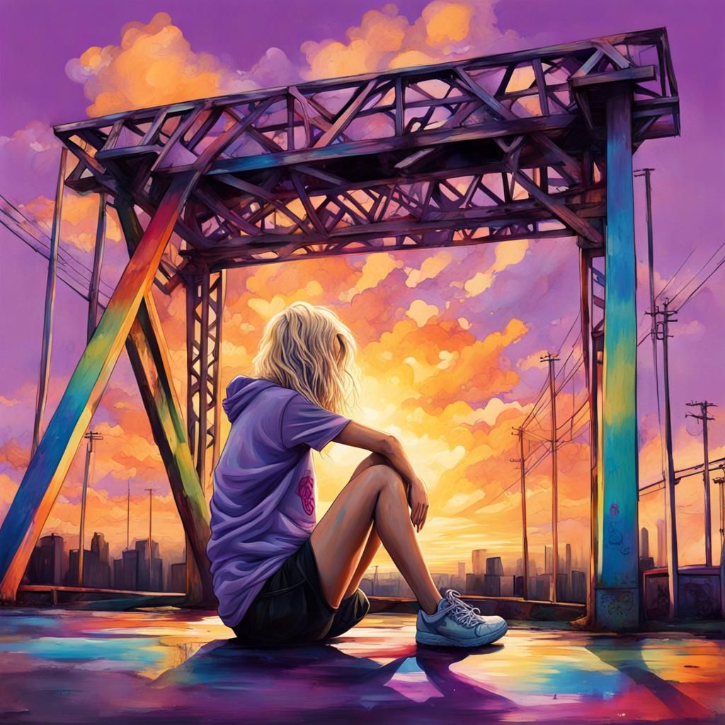 Girl on Rainbow Bridge in Graffiti Art Style