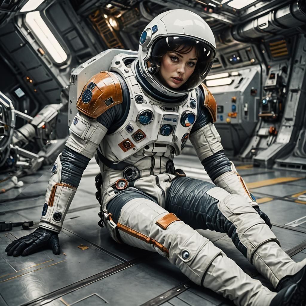 Woman in Interstellar Spacesuit in Spaceship Hangar