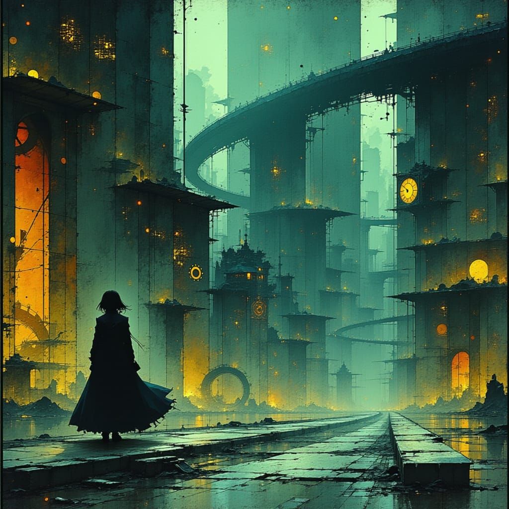 Dystopian Steampunk Cityscape at Night in Dark Color Palette