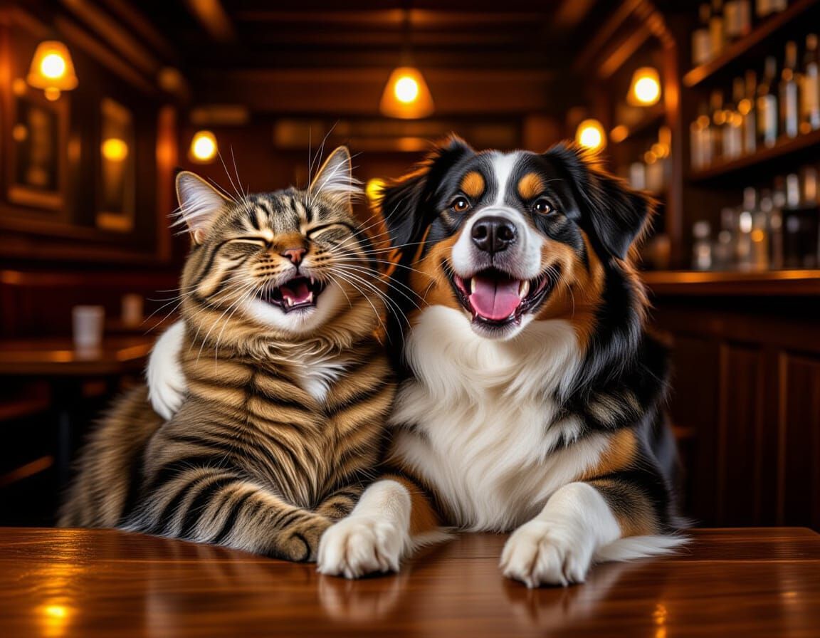 Drunk Cat and Dog Laughing in Cozy Pub