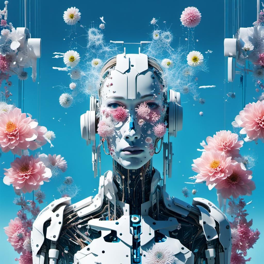 Abstract Cyborg Woman with Floating Objects