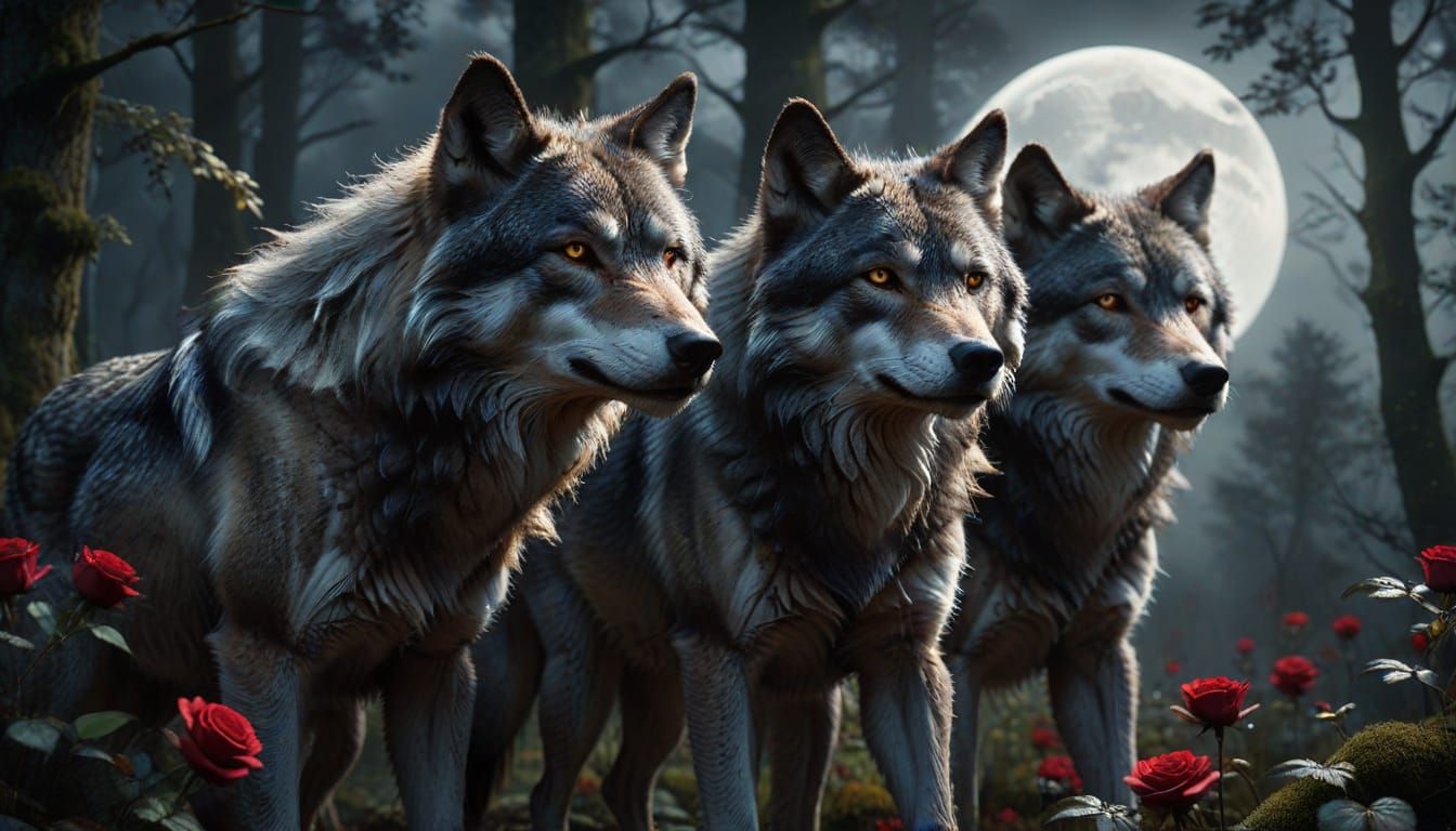 Moody Wolf Pack in Moonlit Woodland