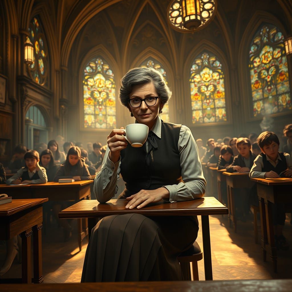 Stern Teacher Sips Coffee Amidst Chaos in Ornate Classroom