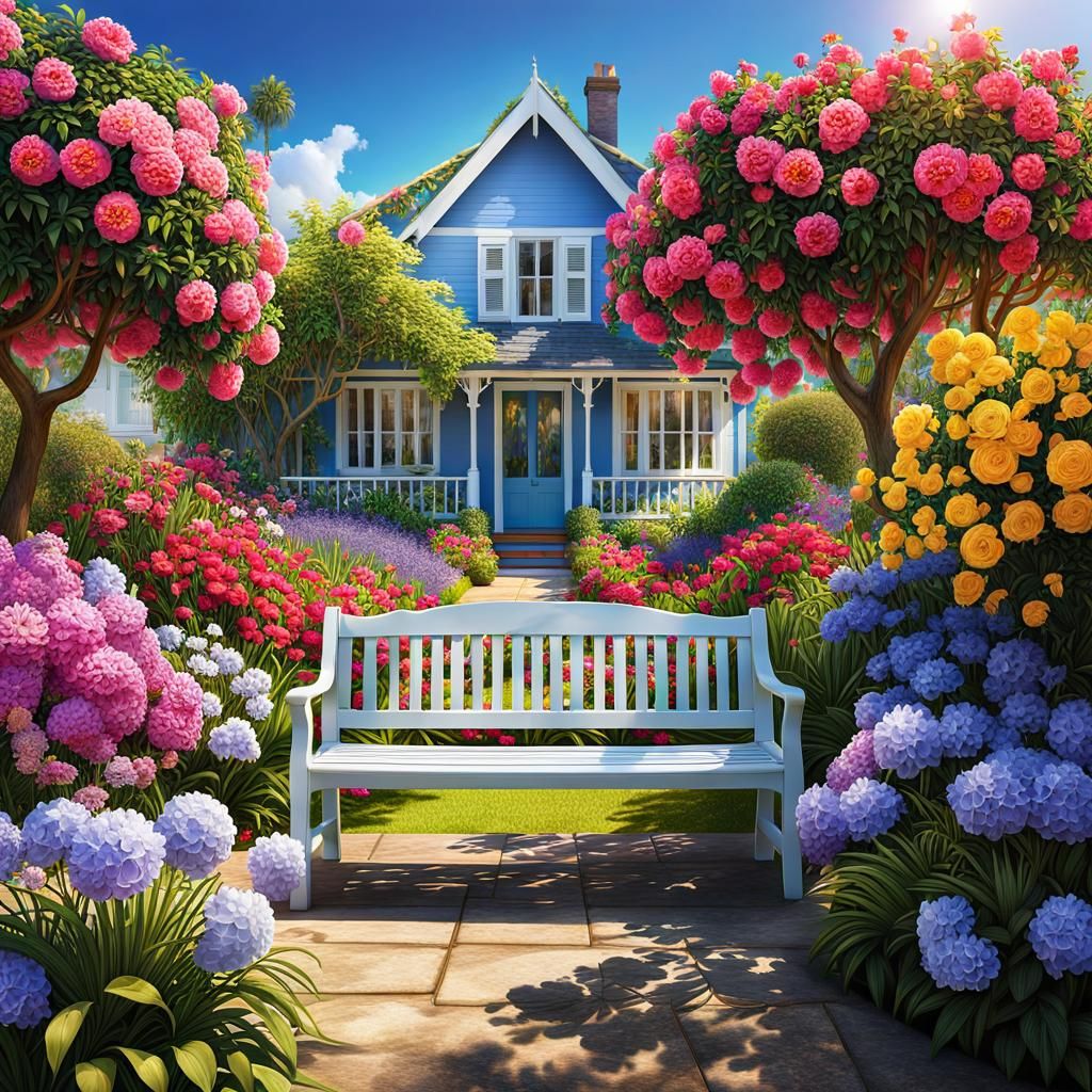 Colorful Flower Garden with Cottage in Splash Art Style