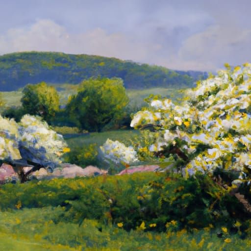 English Orchard Spring, Hudson River School Oil Painting