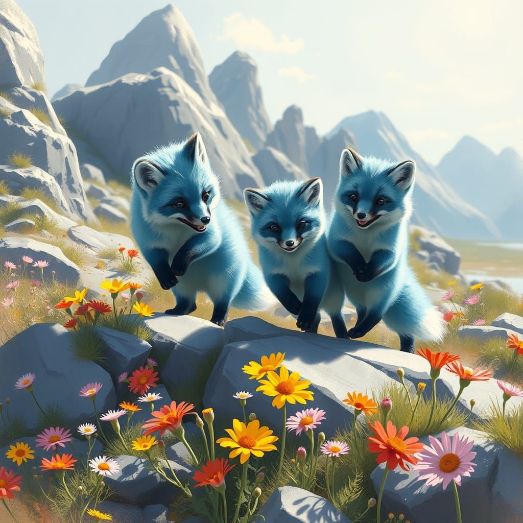 Blue-furred Arctic fox cubs play in a rocky landscape scatte...