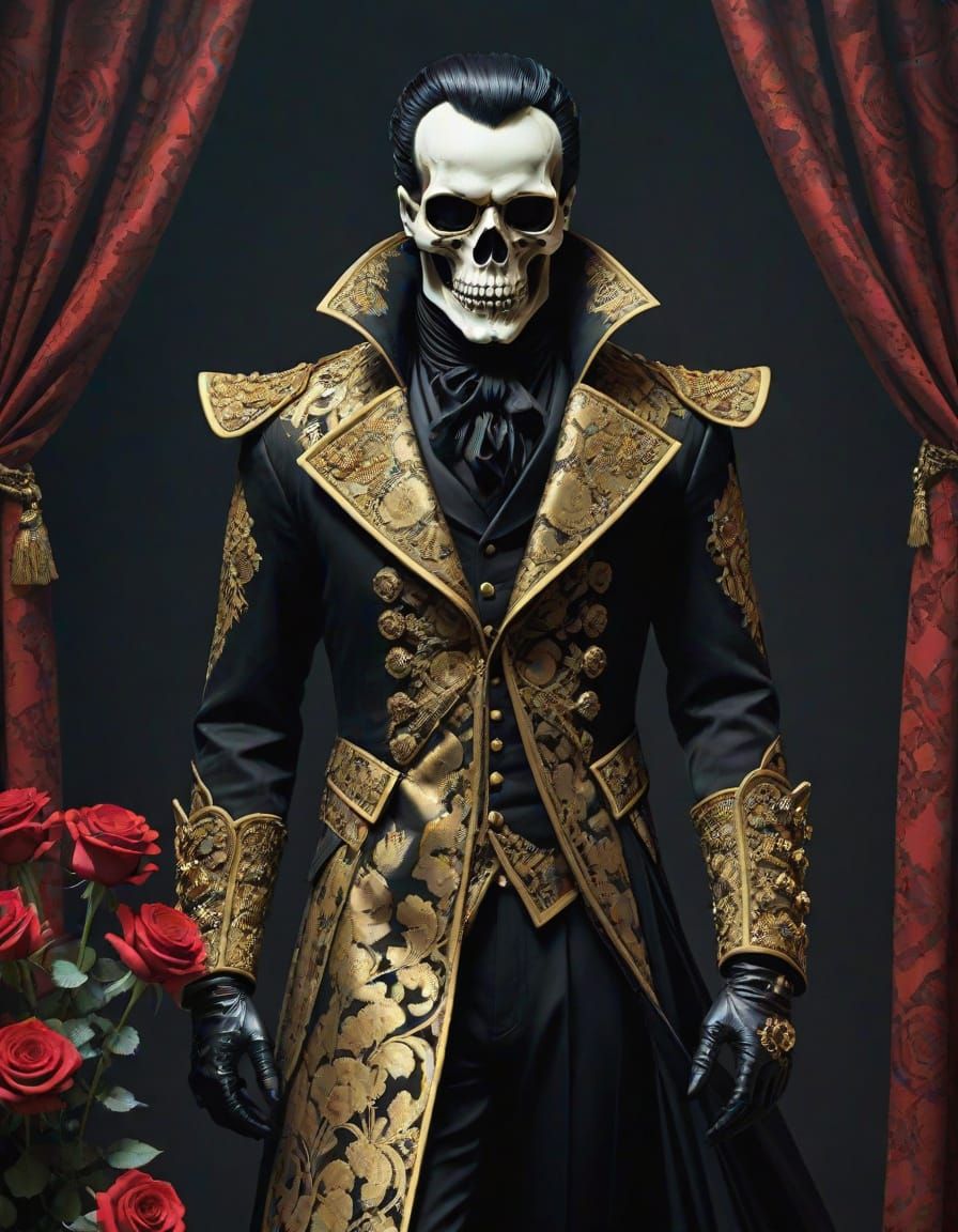 Phantom Emperor Strides Through Shadow with Red Roses