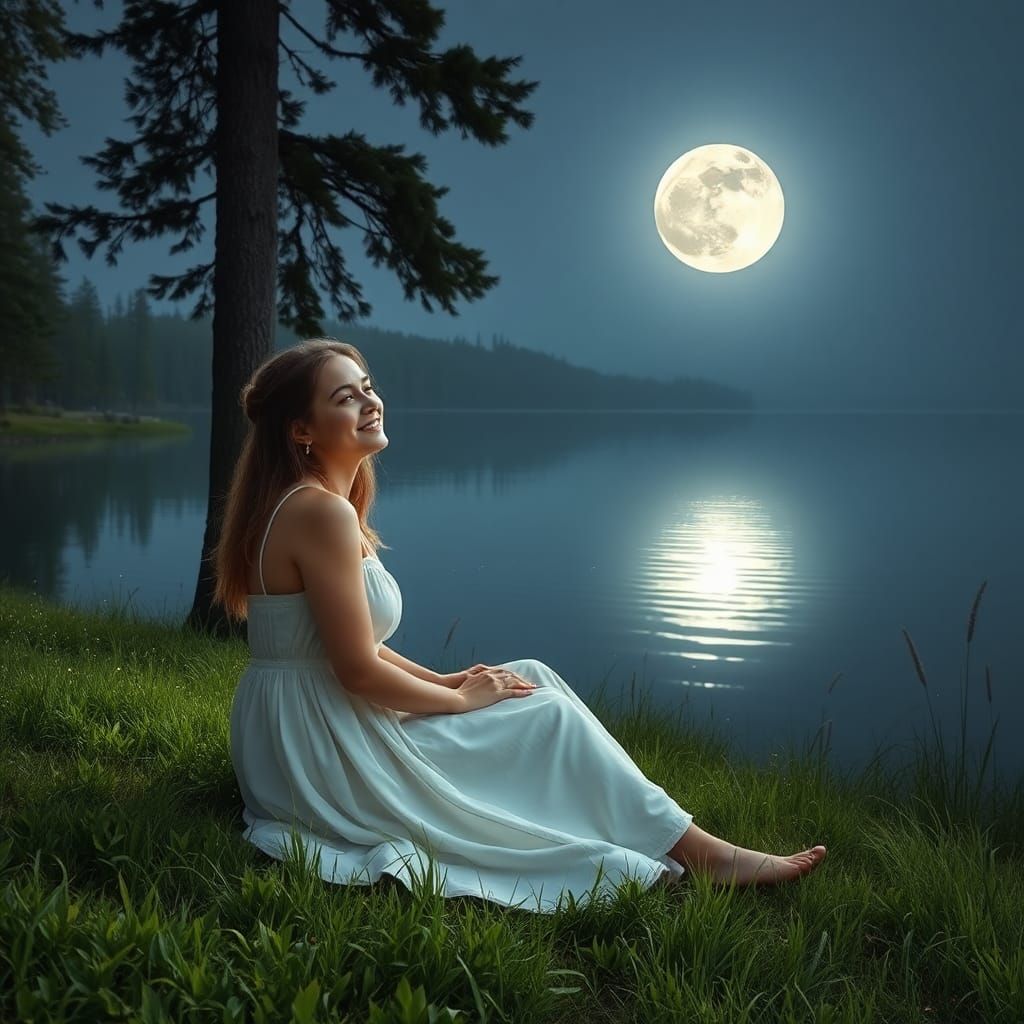 Woman Gazing at Moonlit Lake: Romantic Landscape