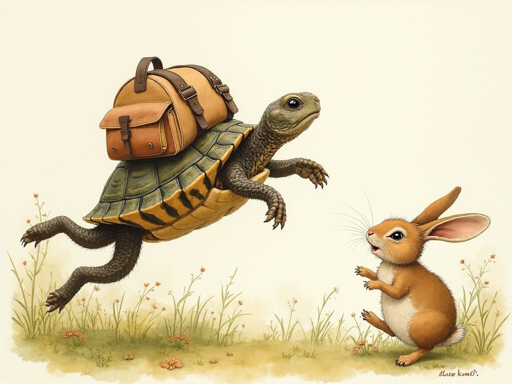 Tortoise Leaps over Rabbit in Whimsical Watercolor Scene